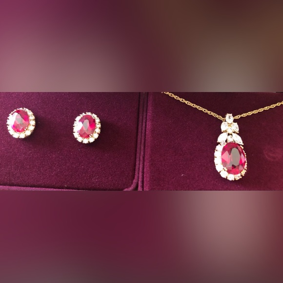 NWT CAMROSE & KROSS Jacqueline Kennedy Ruby Color Stone & CZ Necklace & Earrings - Picture 2 of 2